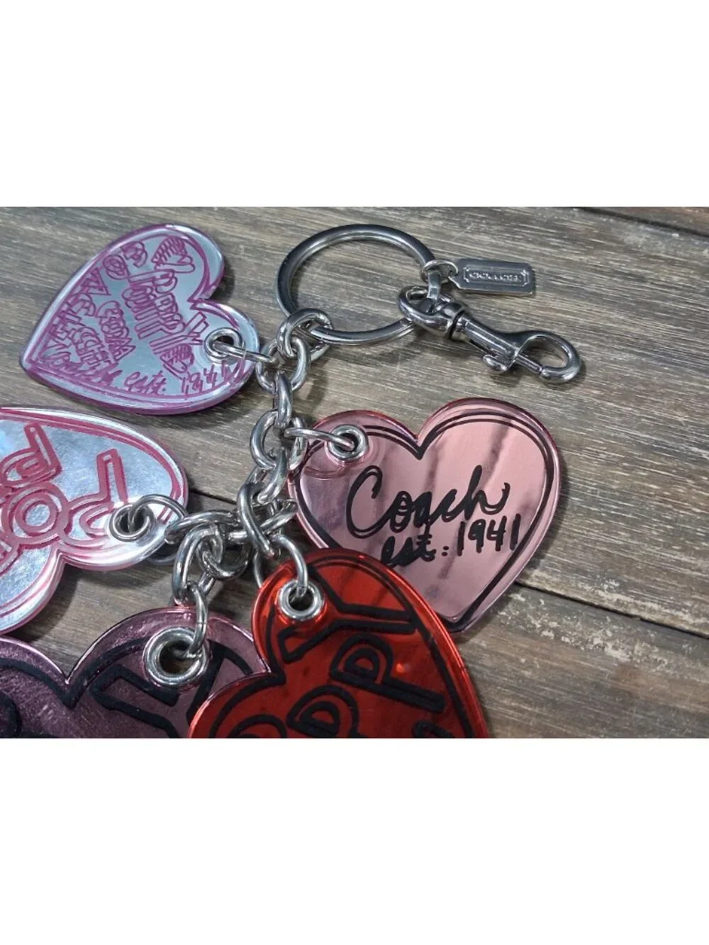 Coach Poppy Keychain Bag Tag Charm Heart Pink Red Outline Logo Mirrored - Picture 4 of 13